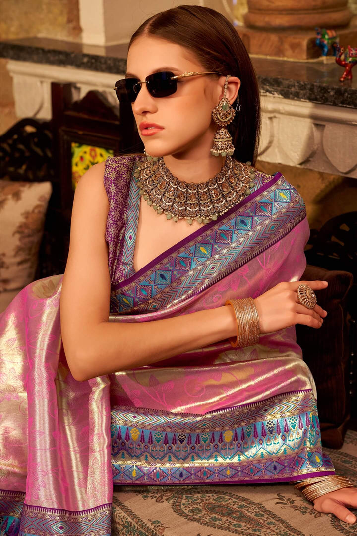 Muted Pink Banarasi Tissue Silk Saree