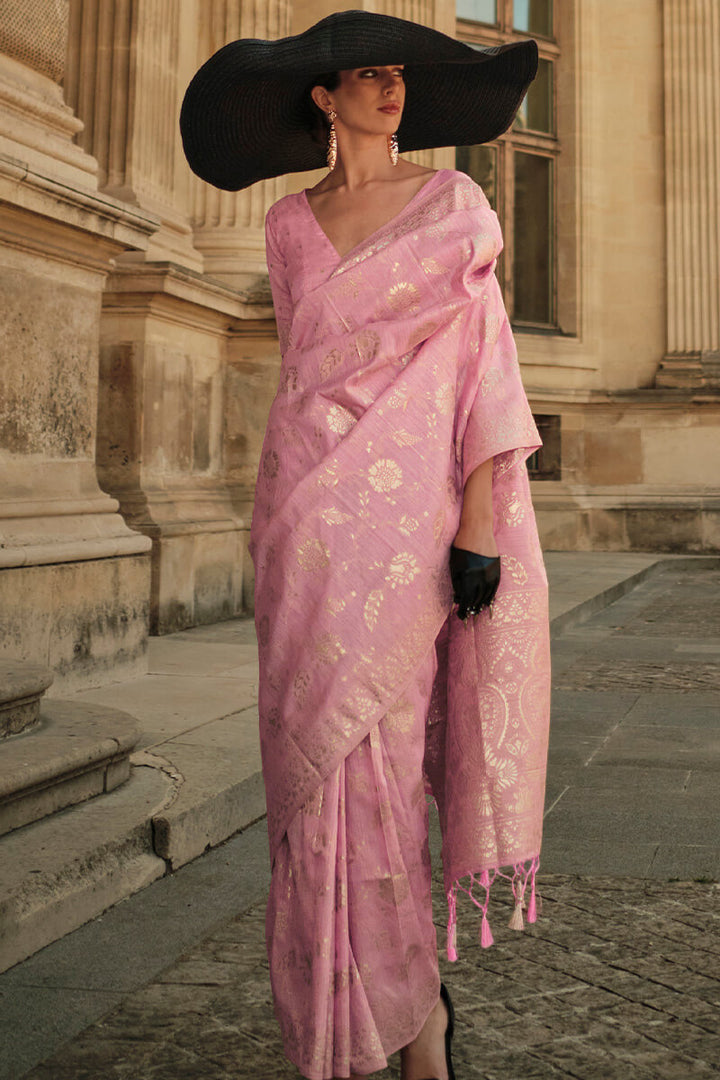 Muted Pink Gota Zari Woven Banarasi Silk Saree