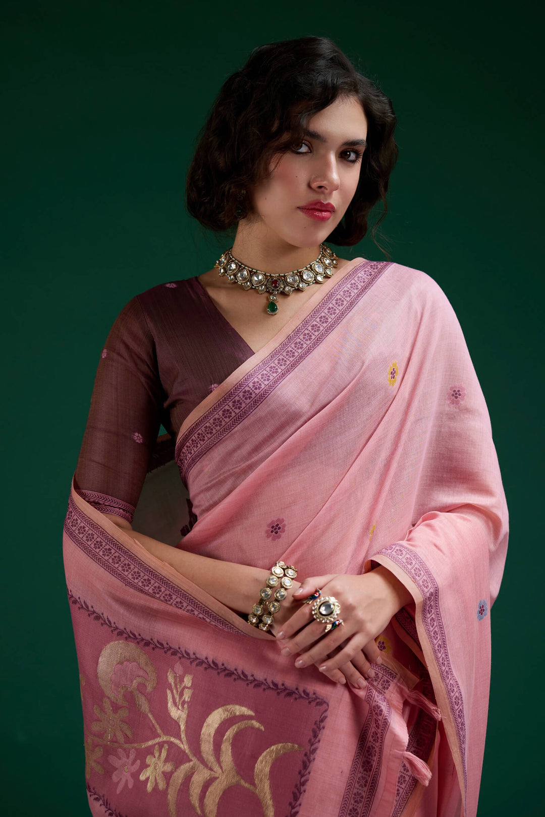 Muted Pink Jamdani Cotton Silk Saree