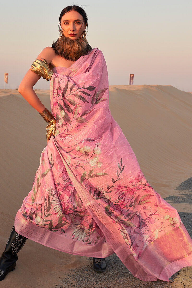 Muted Pink Printed Linen silk saree