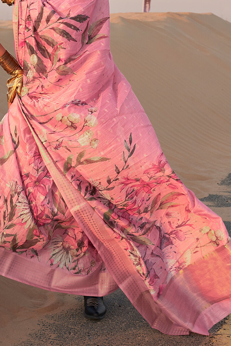 Muted Pink Printed Linen silk saree