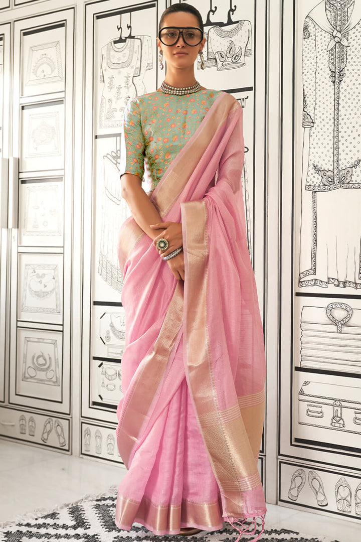 Muted Pink Zari Woven Chiffon Saree