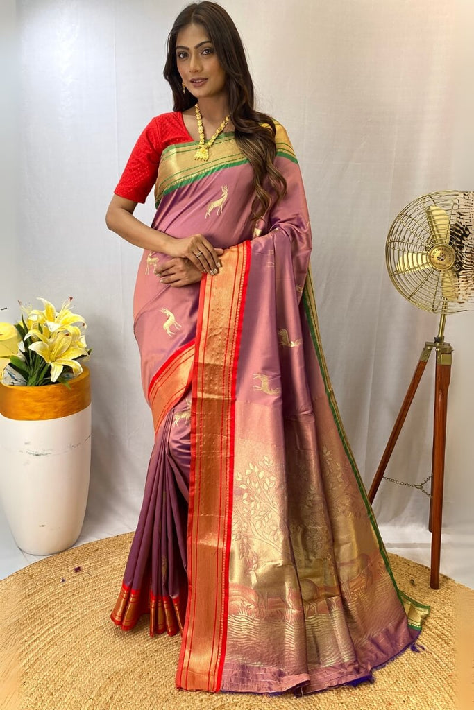 Muted Pink Zari Woven Paithani Silk Saree