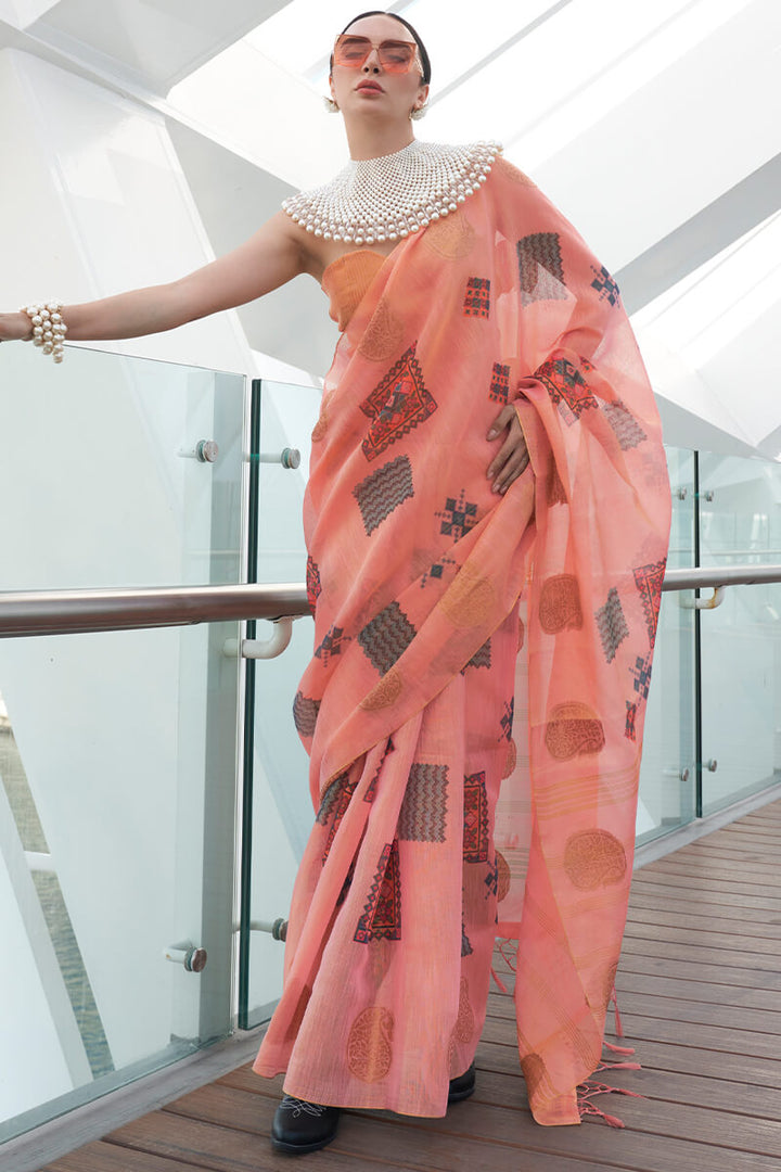 Muted Pink Zari Woven Printed Tissue Silk Saree