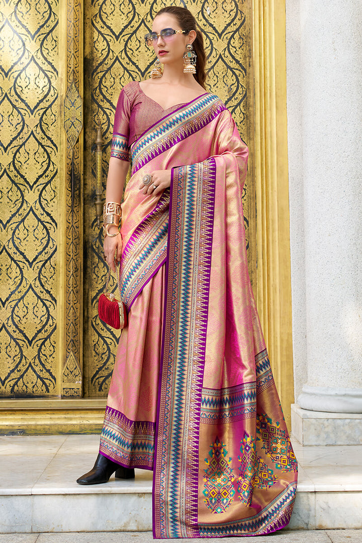 Muted Pink Zari Woven Tissue Silk Saree