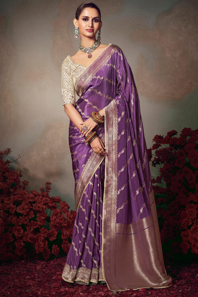 Muted Purple Banarasi Silk Saree with Designer Blouse Piece