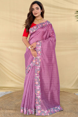 Muted Purple Embroiedery Work Tussar Silk Saree