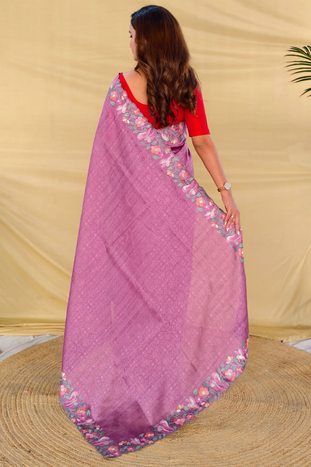 Muted Purple Embroiedery Work Tussar Silk Saree