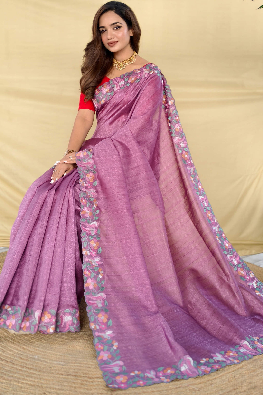 Muted Purple Embroiedery Work Tussar Silk Saree