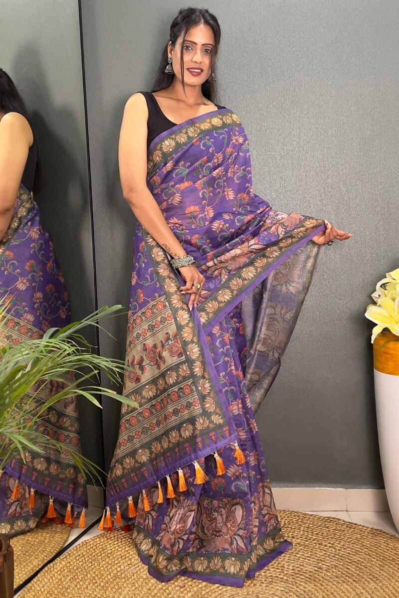 Muted Purple Printed Chanderi Silk Saree