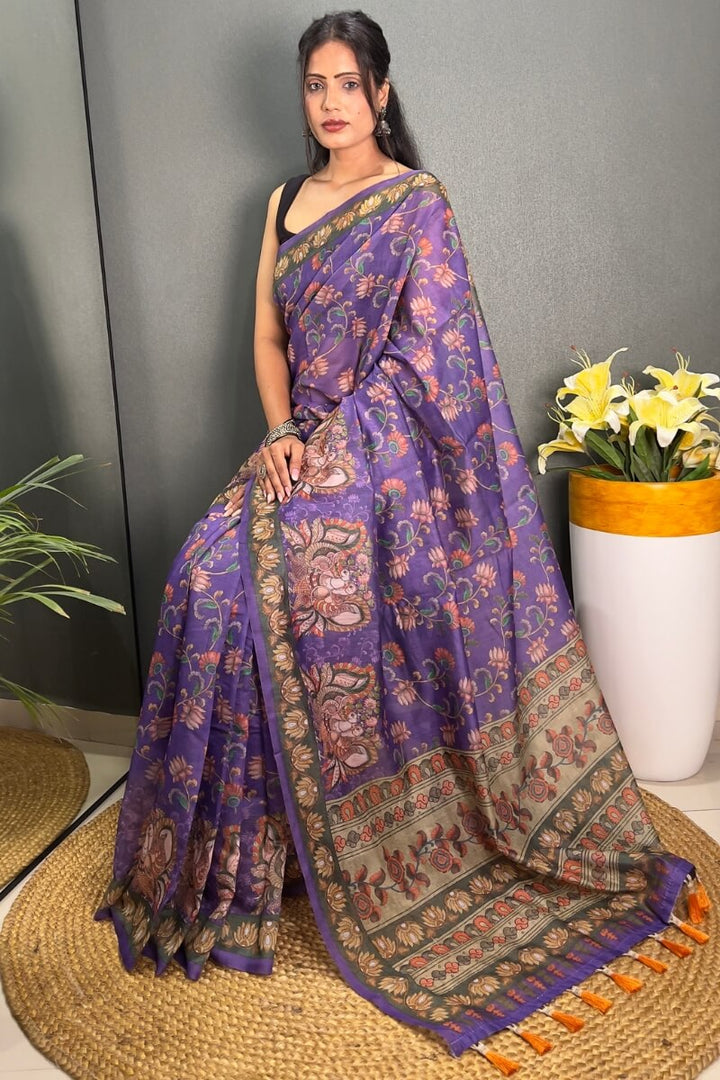 Muted Purple Printed Chanderi Silk Saree