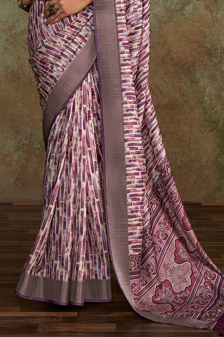 Muted Purple Printed with Sequence Soft Silk Saree