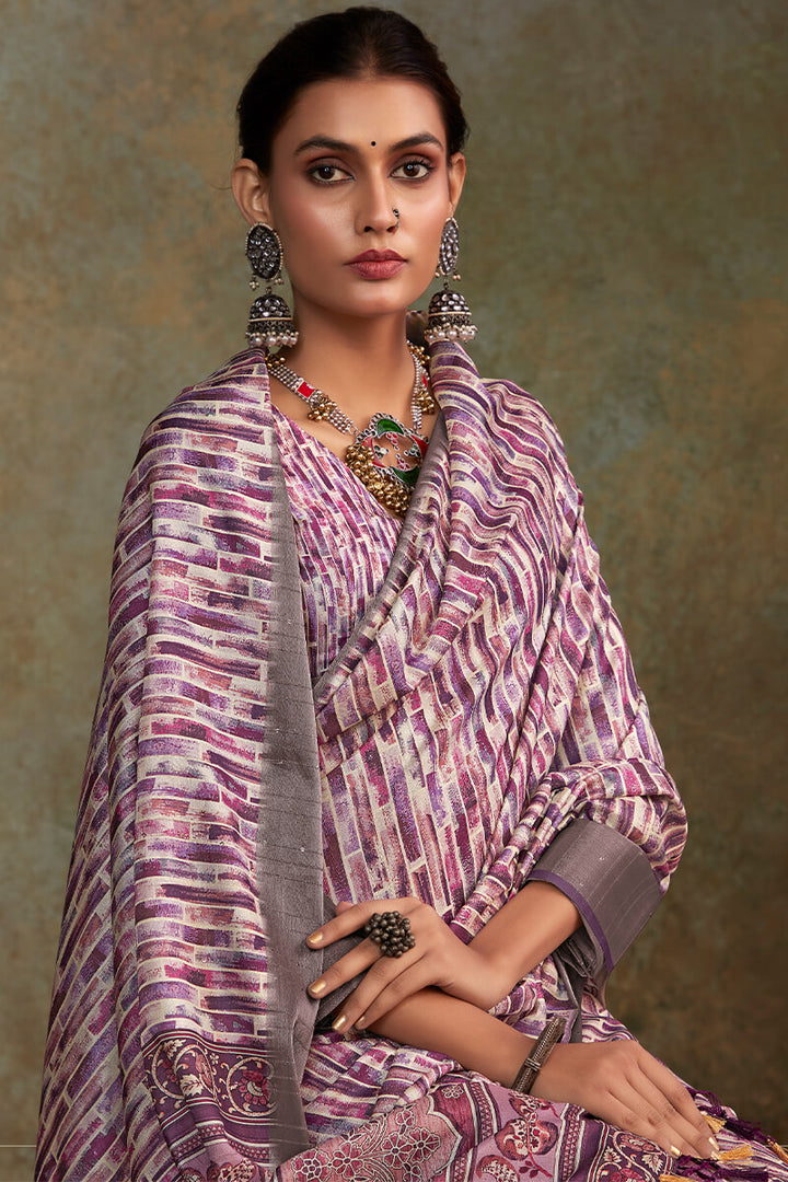 Muted Purple Printed with Sequence Soft Silk Saree