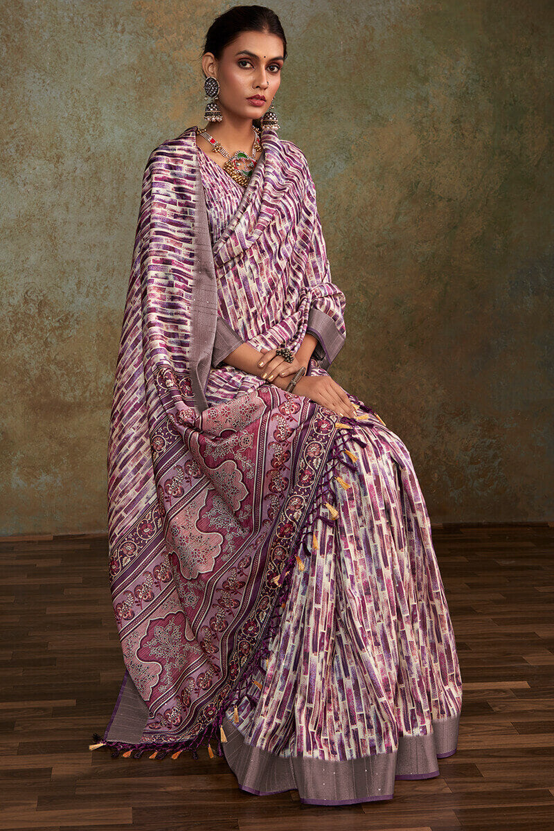 Muted Purple Printed with Sequence Soft Silk Saree