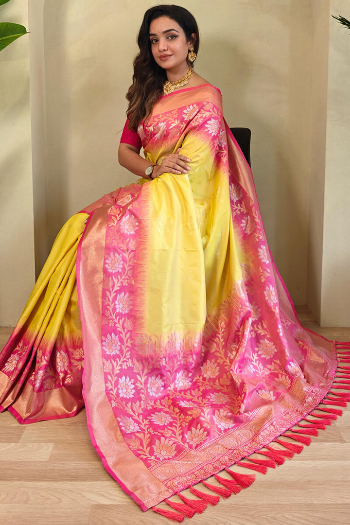 Naples Yellow Banarasi Silk Saree with Designer Chaap Border