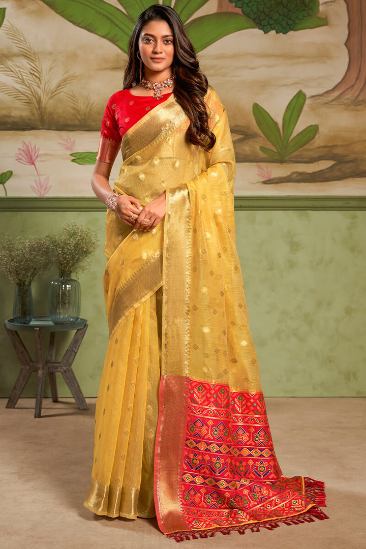 Naples Yellow Banarasi Tissue Silk Saree