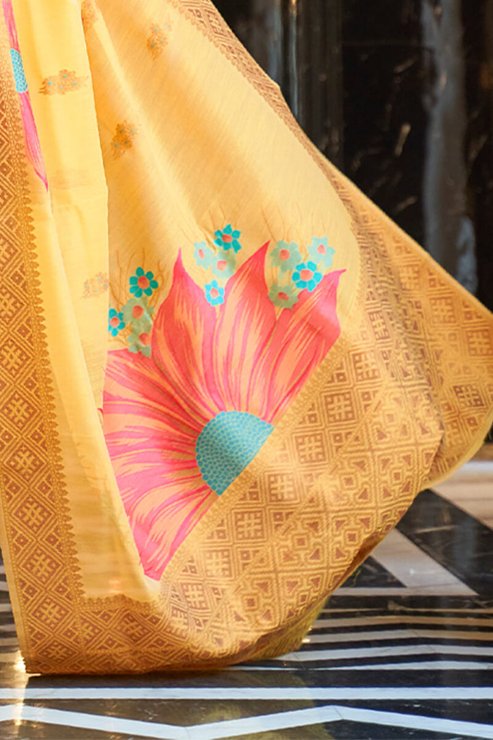 Naples Yellow Zari Woven Linen Silk Saree