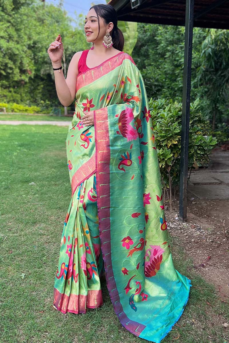 Nasty Green Zari Woven Paithani Silk Saree