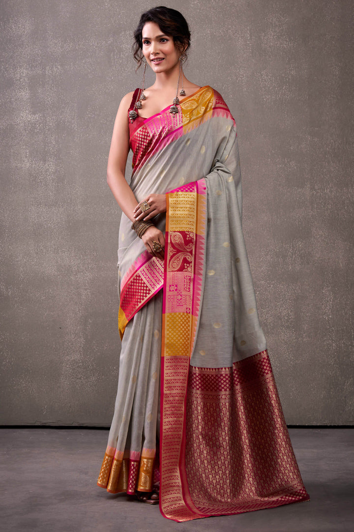 Natural Grey Cotton Modal Silk Saree
