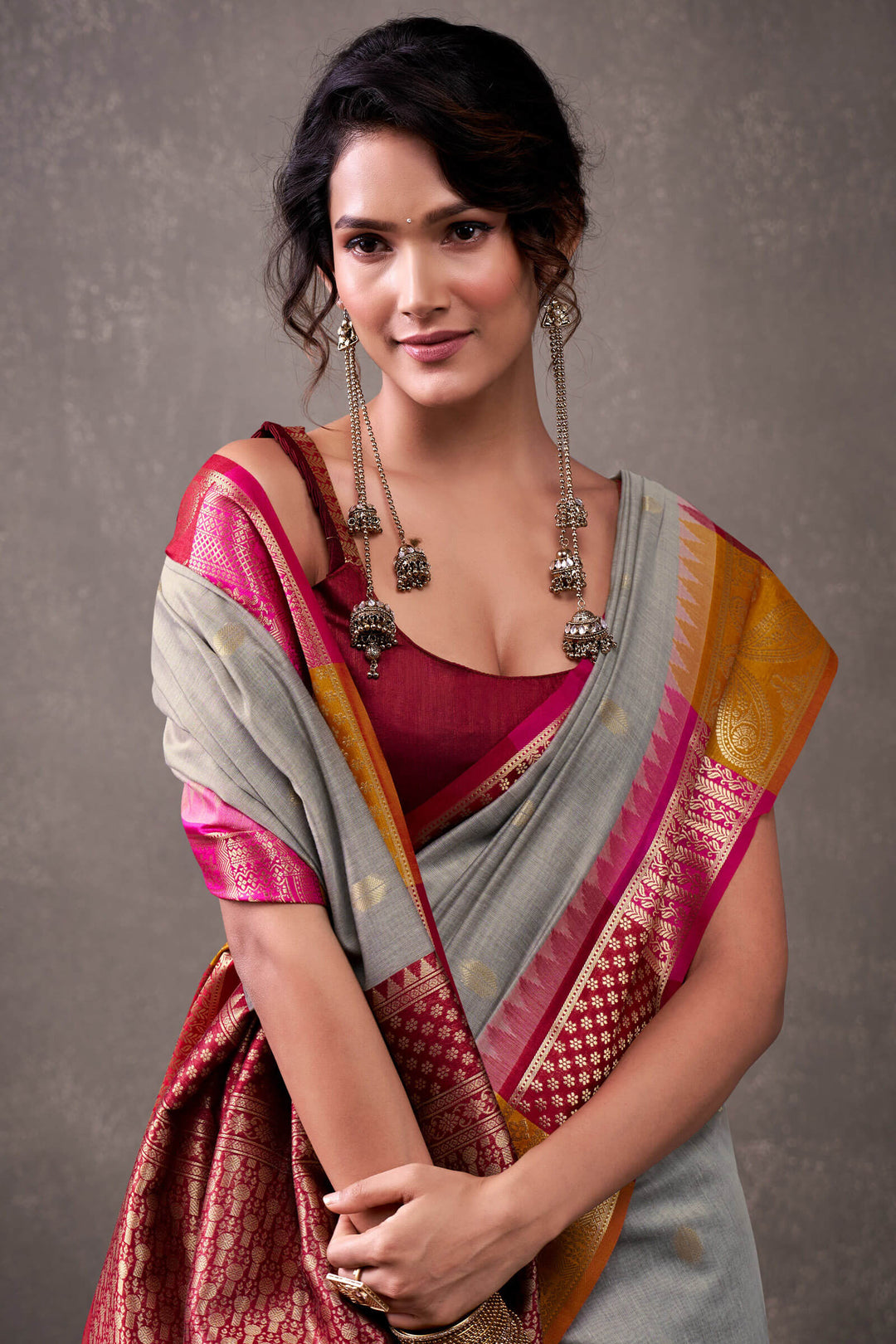 Natural Grey Cotton Modal Silk Saree