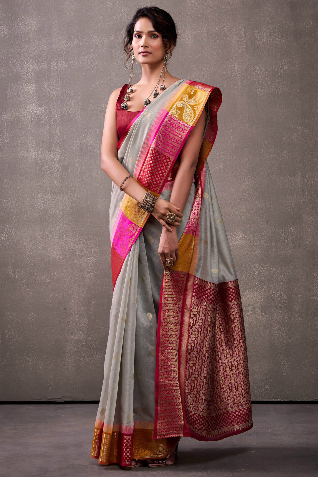 Natural Grey Cotton Modal Silk Saree