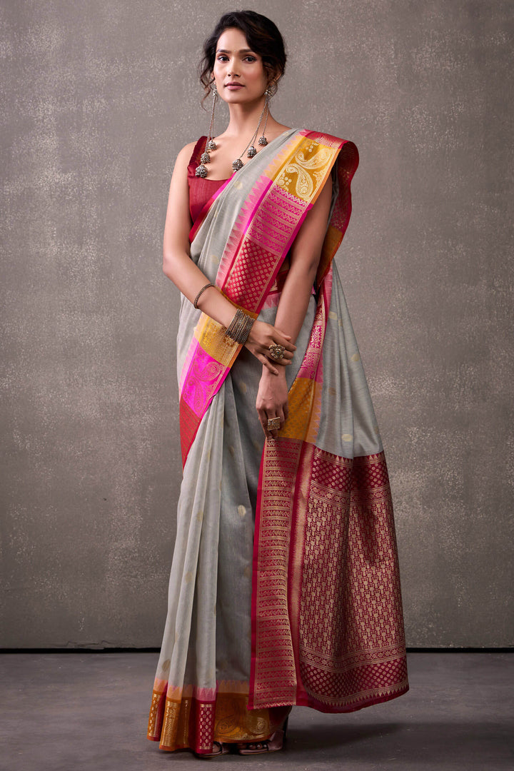 Natural Grey Cotton Modal Silk Saree