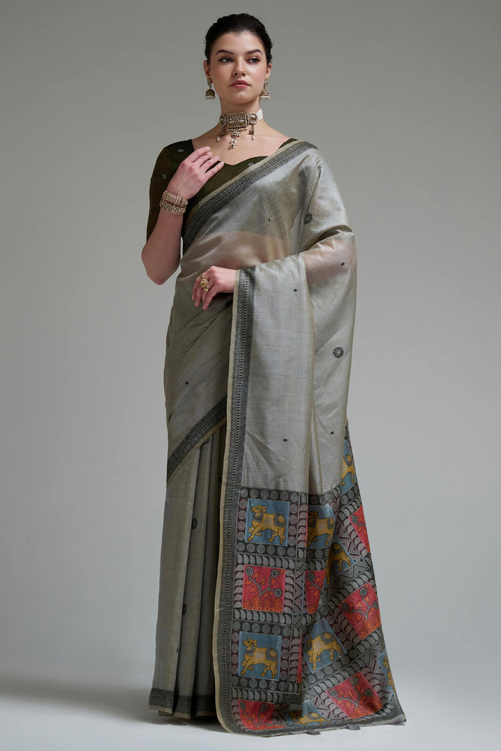 Natural Grey Jamdani Cotton Silk Saree