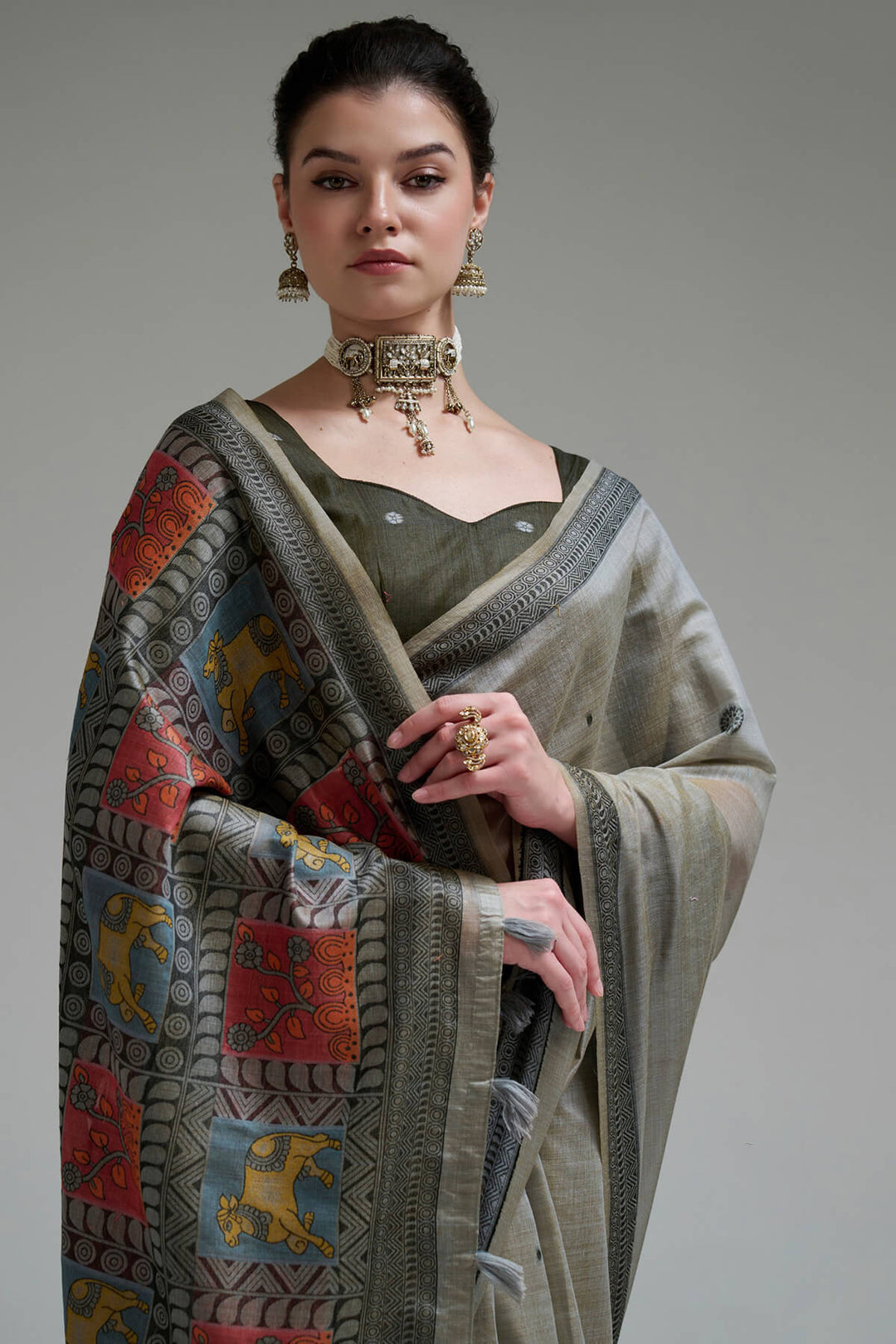 Natural Grey Jamdani Cotton Silk Saree