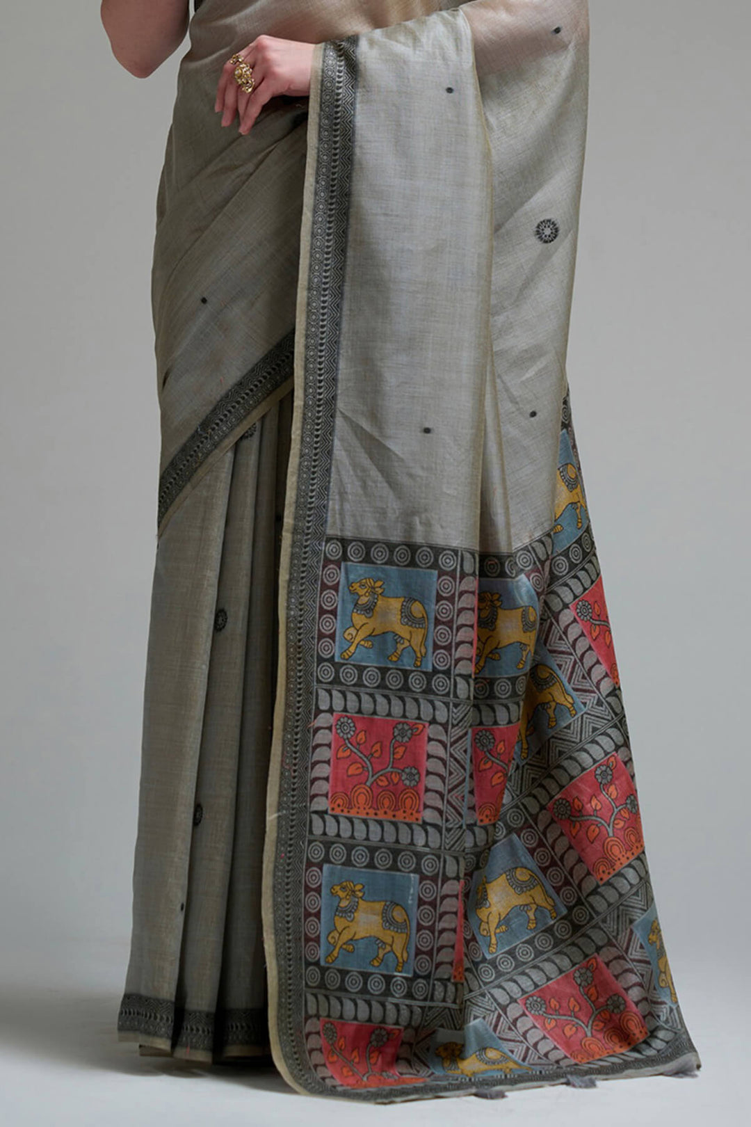 Natural Grey Jamdani Cotton Silk Saree