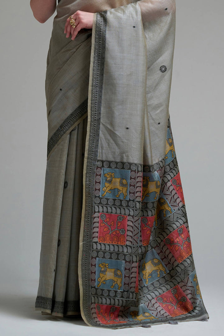 Natural Grey Jamdani Cotton Silk Saree