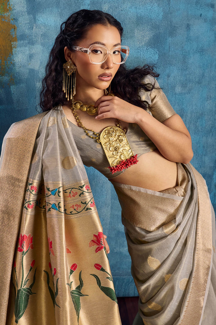 Natural Grey Paithani Tissue Silk Saree
