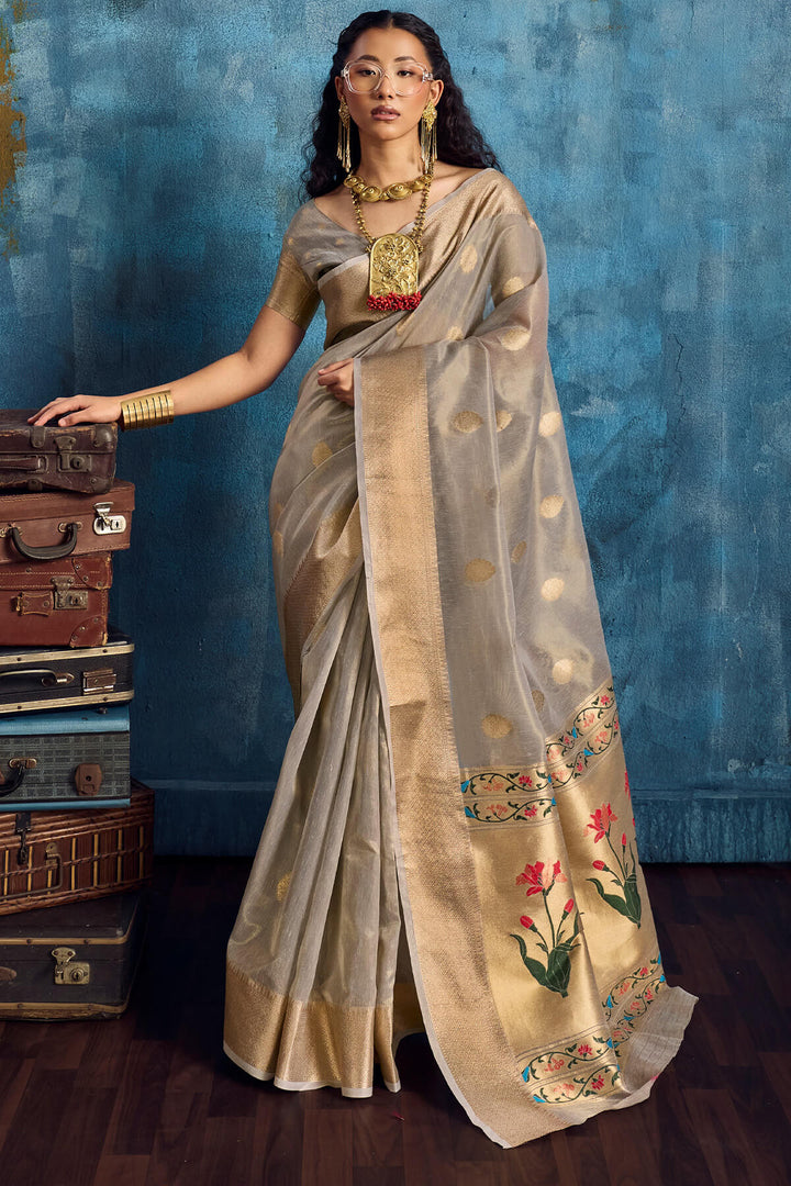 Natural Grey Paithani Tissue Silk Saree