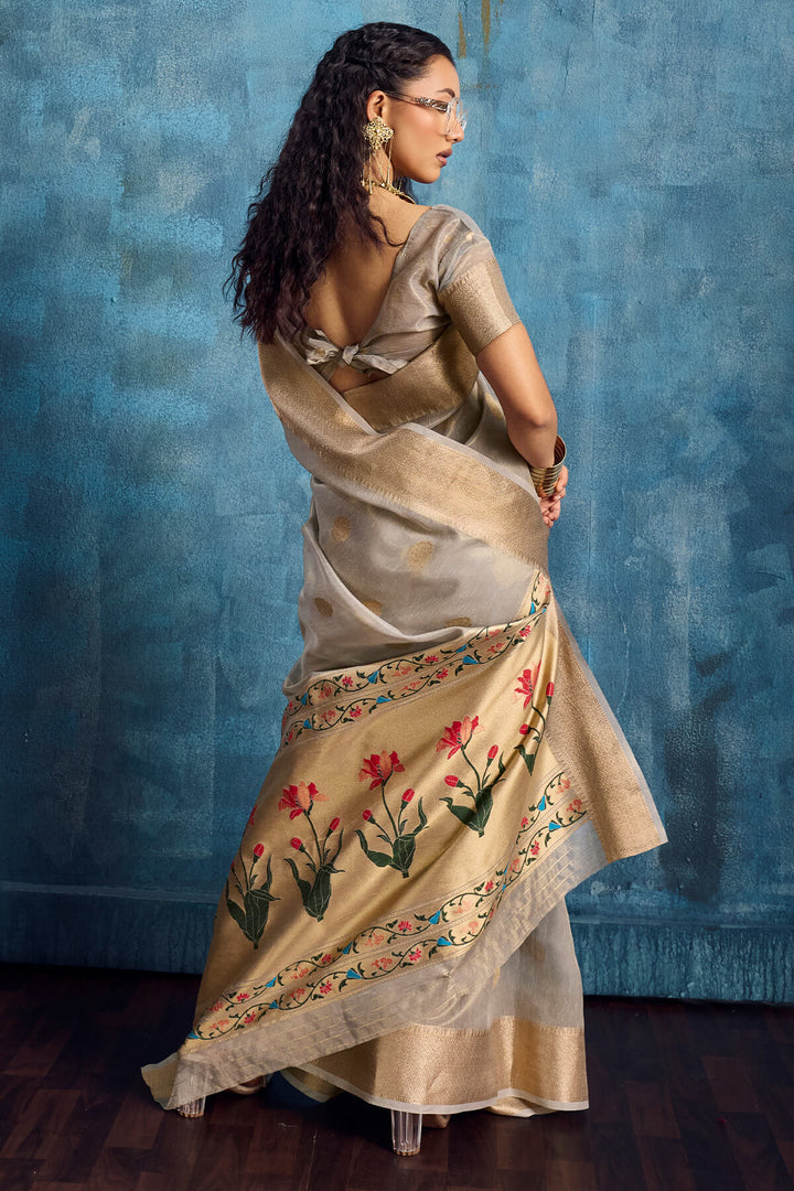 Natural Grey Paithani Tissue Silk Saree