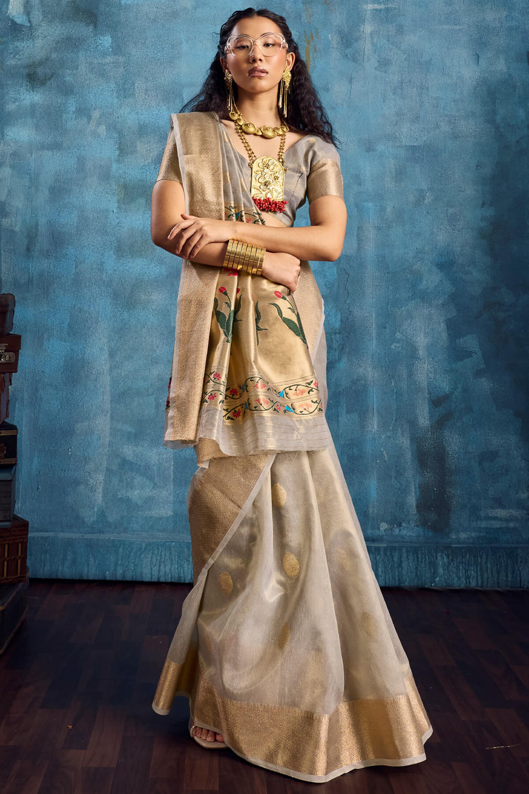 Natural Grey Paithani Tissue Silk Saree
