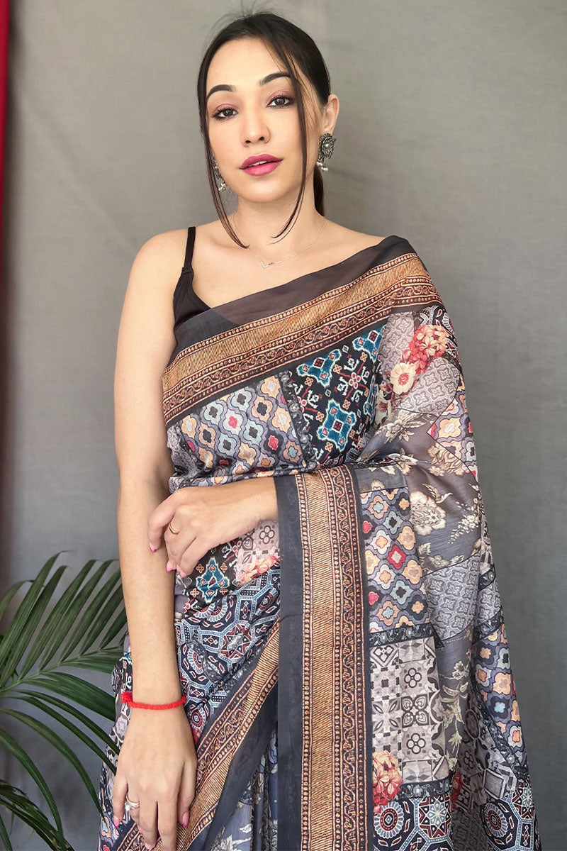 Natural Grey Printed Cotton Silk Saree