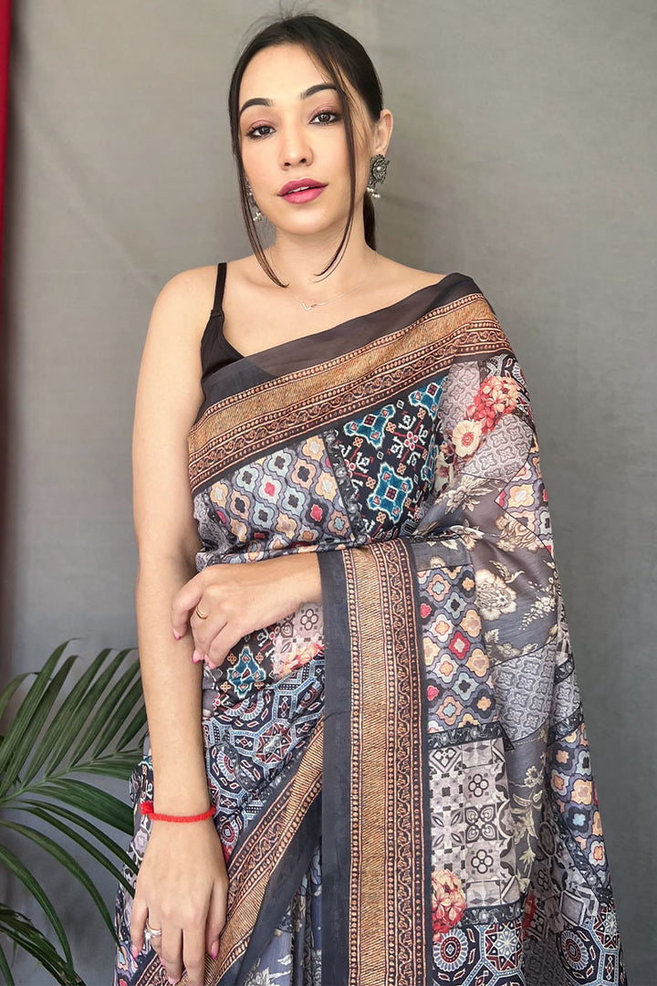 Natural Grey Printed Cotton Silk Saree