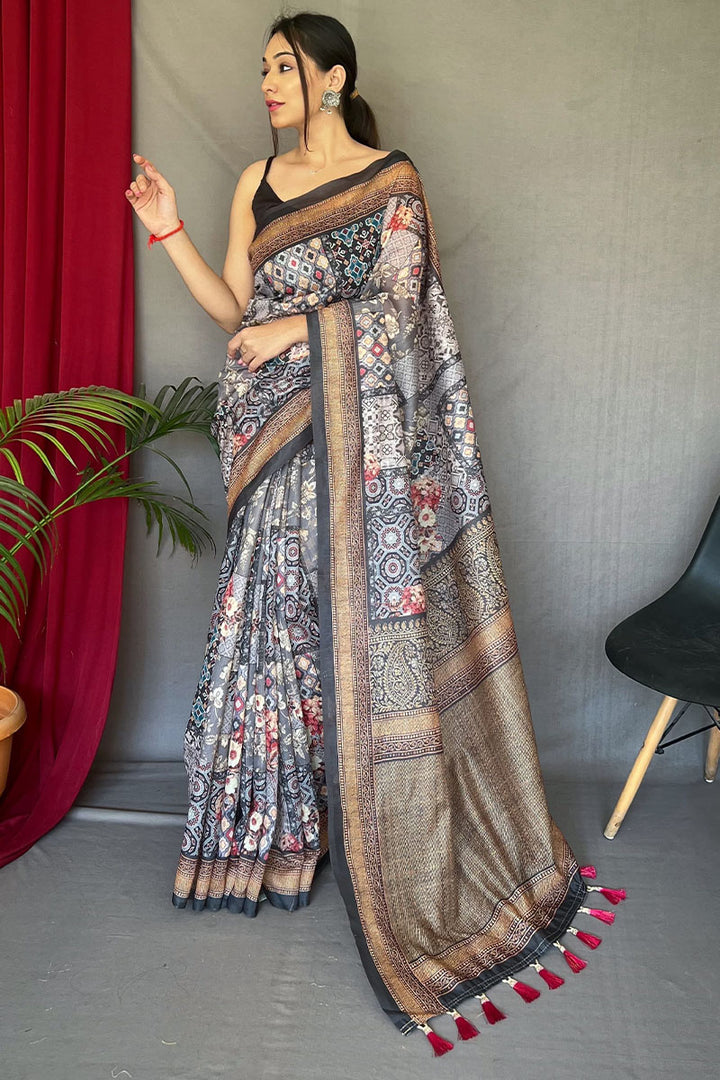 Natural Grey Printed Cotton Silk Saree