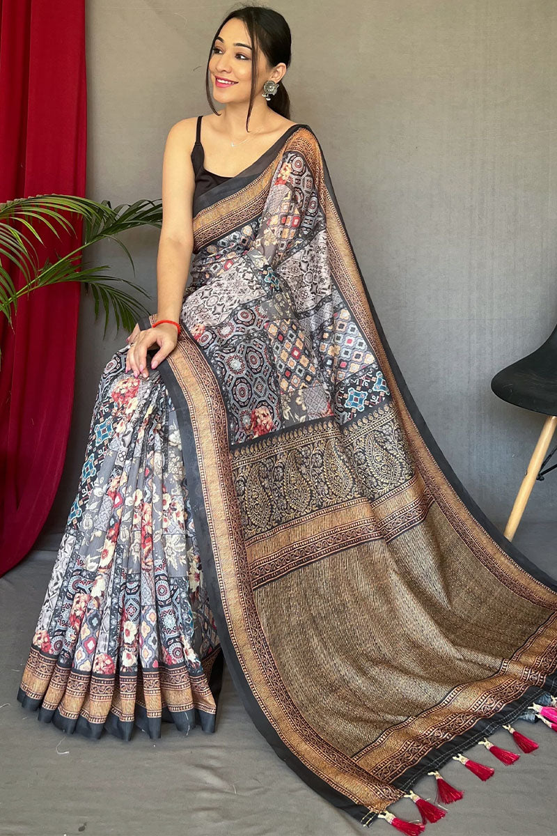 Natural Grey Printed Cotton Silk Saree