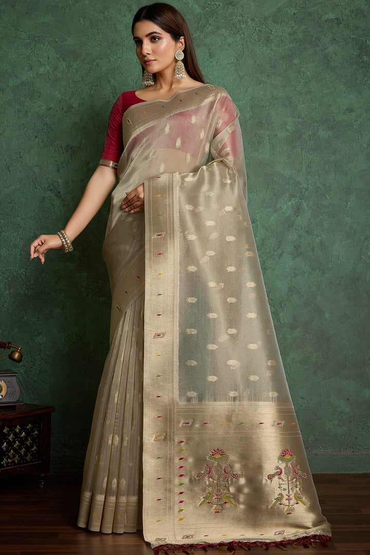 Natural Grey Pure Tissue Paithani Silk Saree with Jharkan