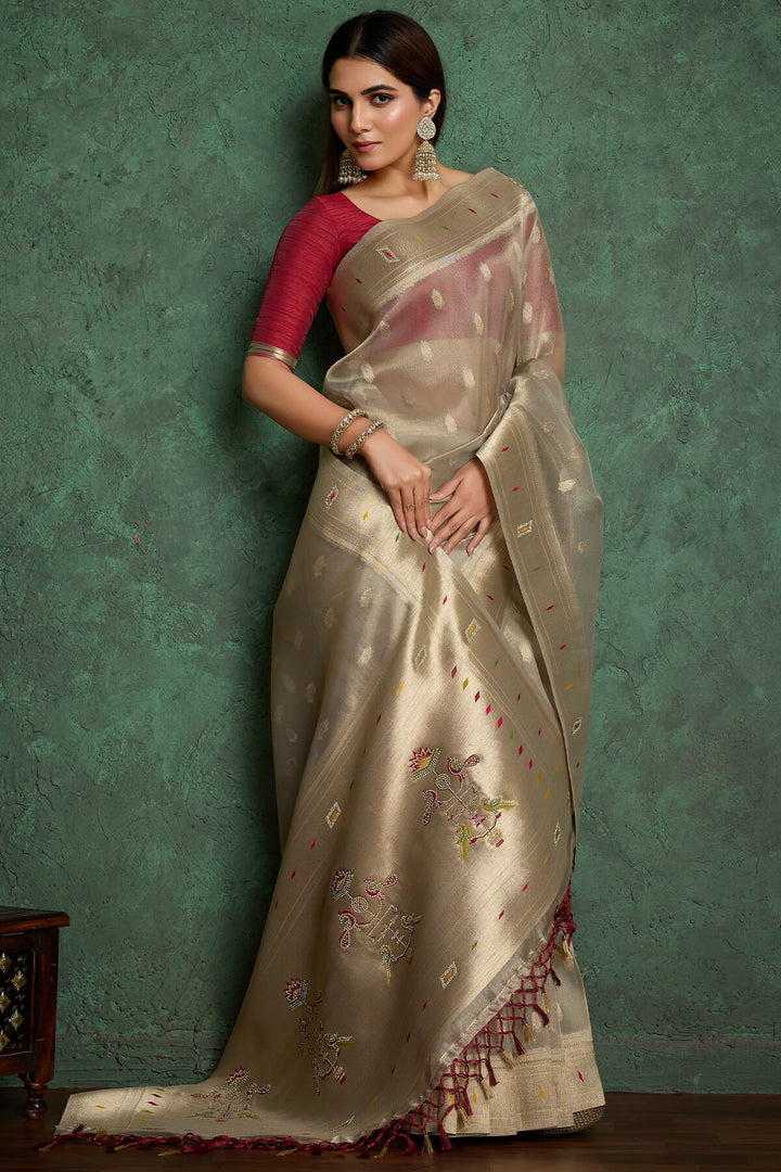 Natural Grey Pure Tissue Paithani Silk Saree with Jharkan
