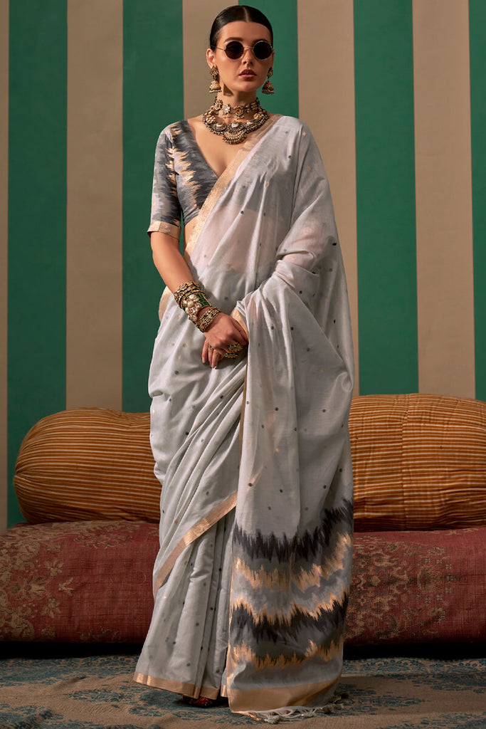 Natural Grey Woven Cotton Silk Saree