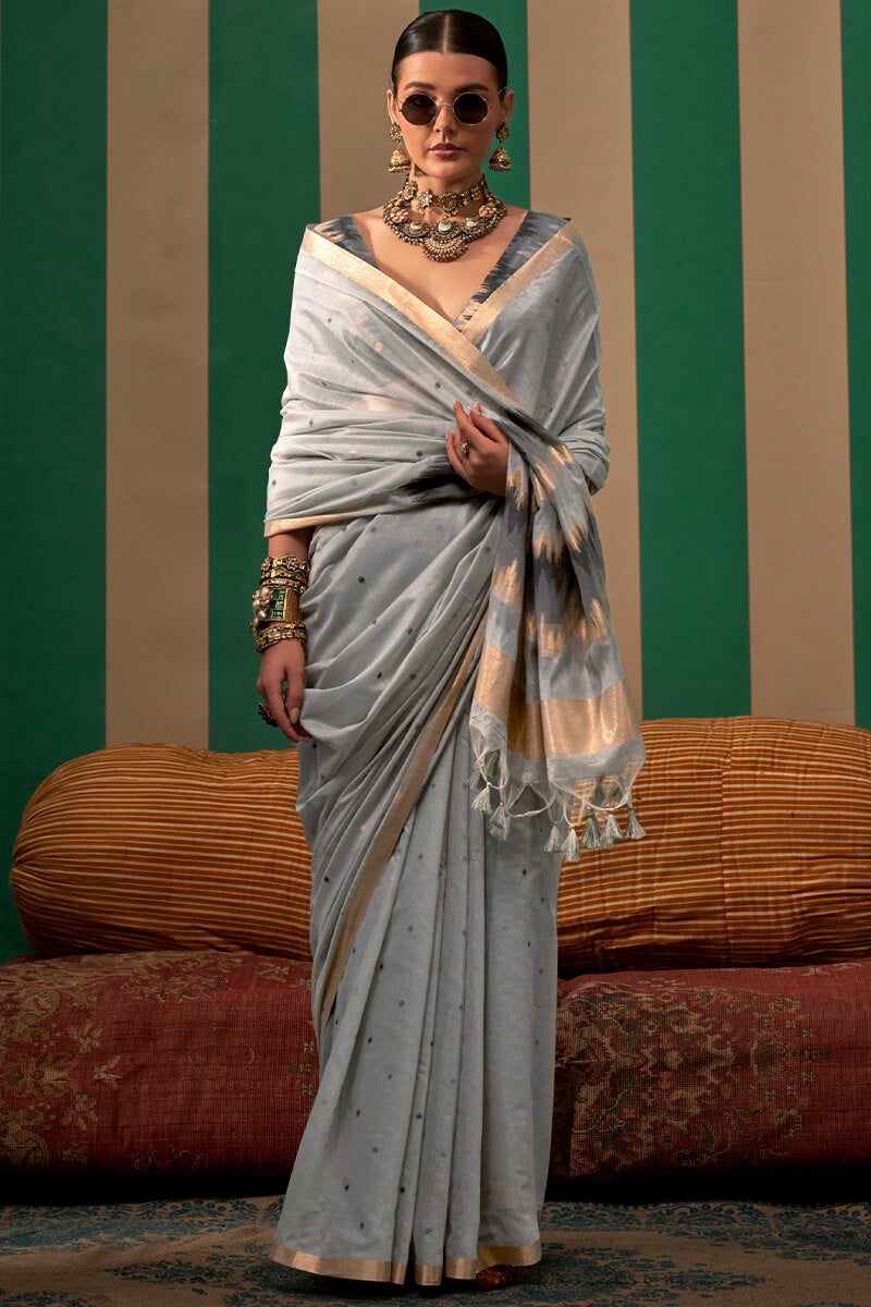 Natural Grey Woven Cotton Silk Saree