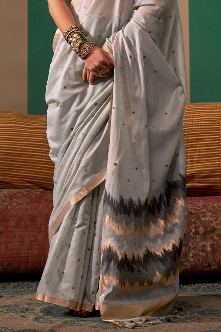 Natural Grey Woven Cotton Silk Saree