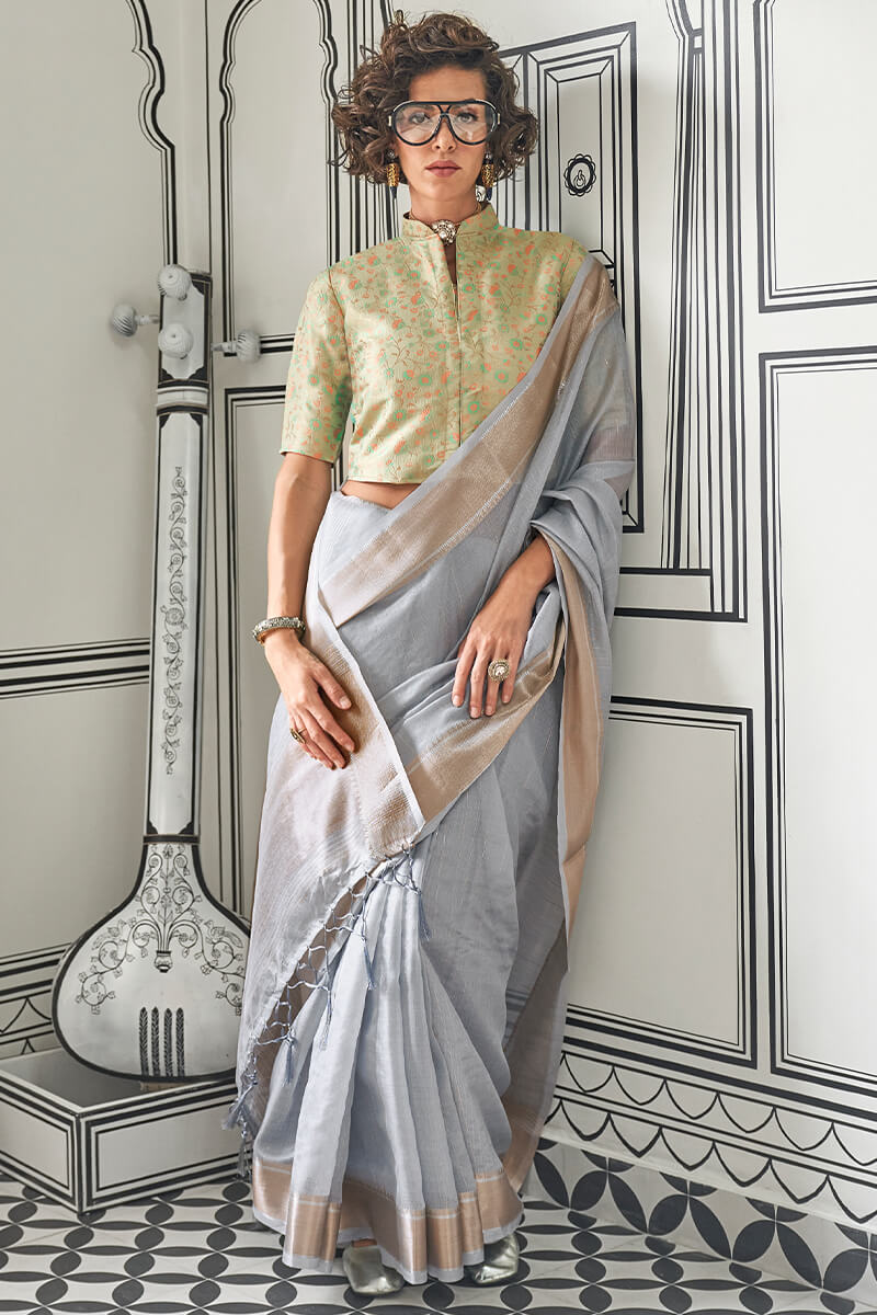 Natural Grey Zari Woven Chiffon Saree