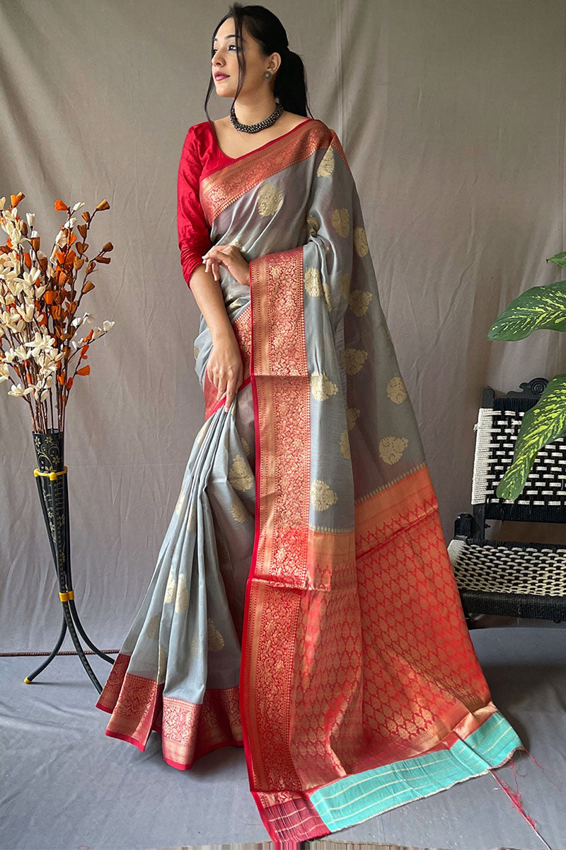 Natural Grey Zari Woven Linen Silk Saree