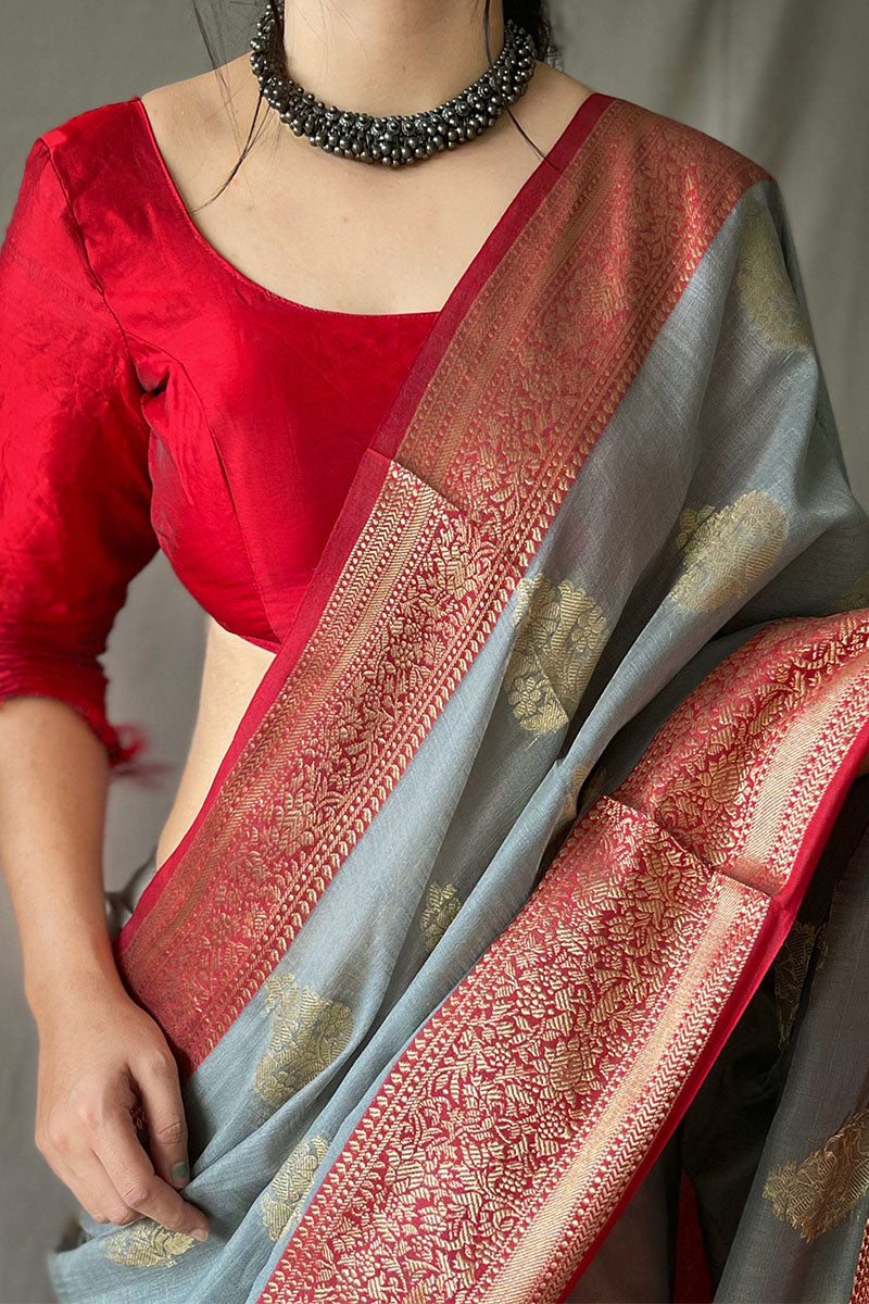 Natural Grey Zari Woven Linen Silk Saree