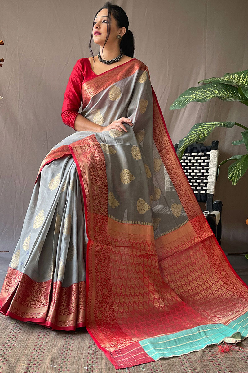 Natural Grey Zari Woven Linen Silk Saree