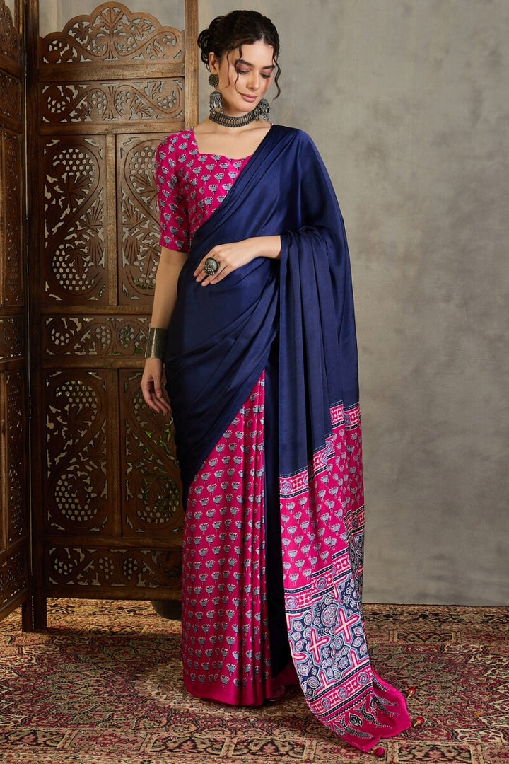 Navy Blue and Pink Ajrakh Printed Satin Silk Saree
