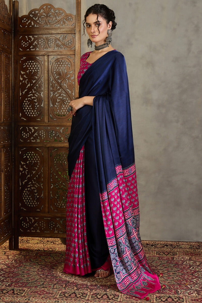 Navy Blue and Pink Ajrakh Printed Satin Silk Saree