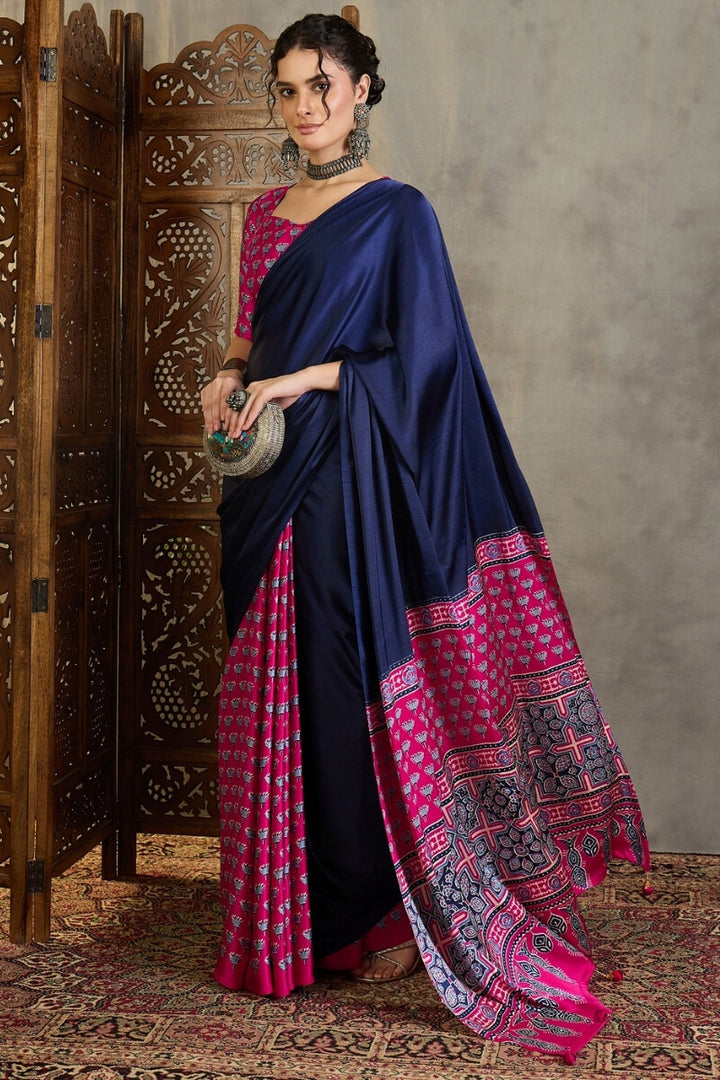 Navy Blue and Pink Ajrakh Printed Satin Silk Saree
